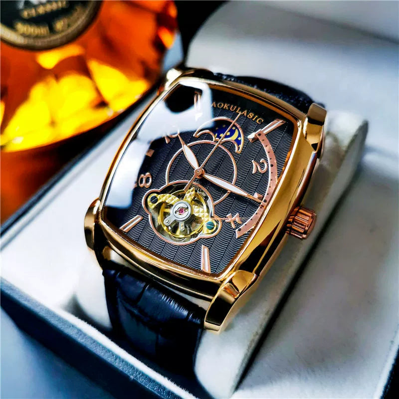 AOKULASIC Men's Luxury Automatic Watch – Leather Strap, Moon Phase, Tourbillon, Waterproof