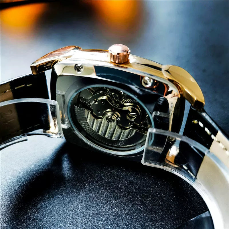 AOKULASIC Men's Luxury Automatic Watch – Leather Strap, Moon Phase, Tourbillon, Waterproof