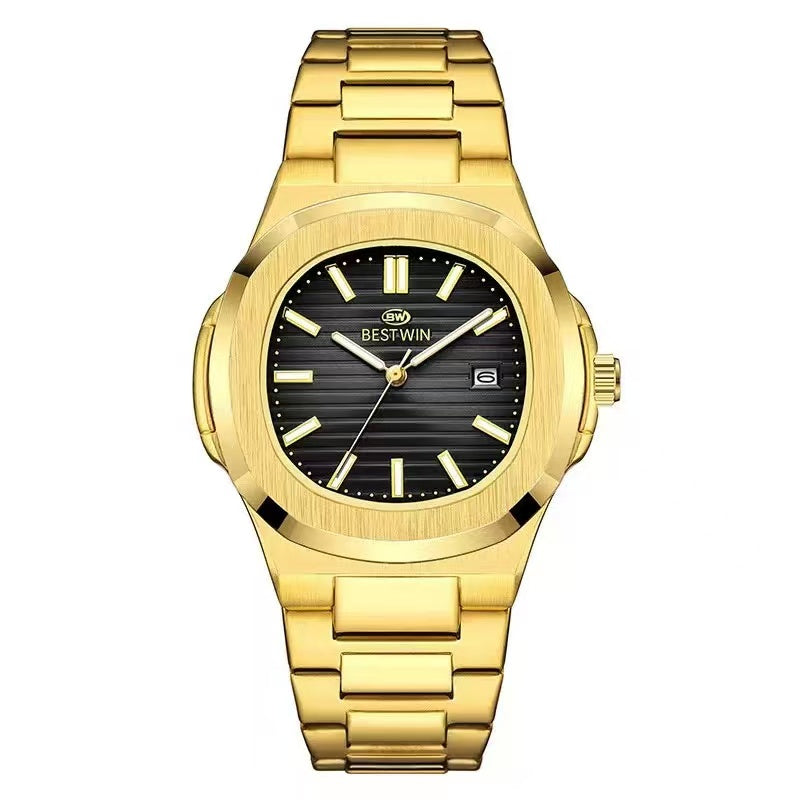 Bestwin Men's Luxury Square-Octagon Quartz Watch – Stainless Steel, Waterproof, Luminous Dial, Date Display