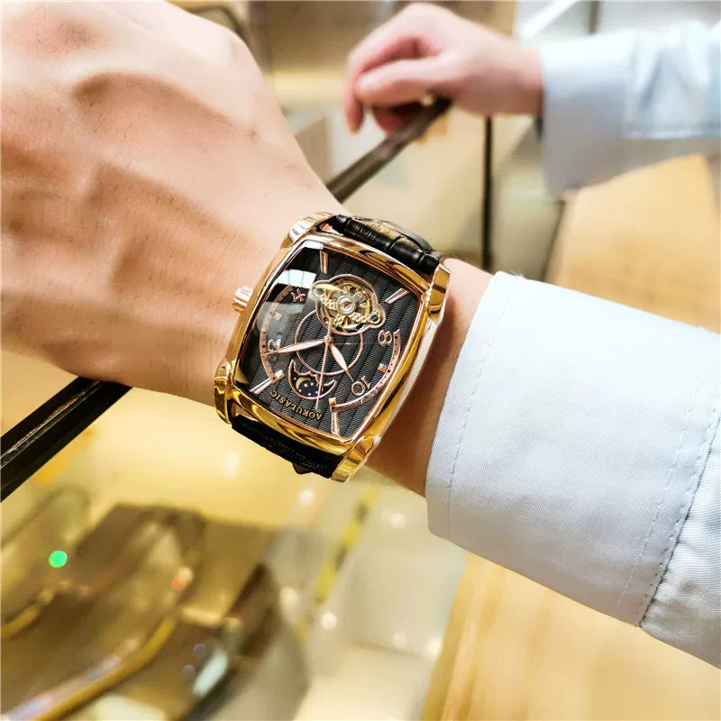 AOKULASIC Men's Luxury Automatic Watch – Leather Strap, Moon Phase, Tourbillon, Waterproof